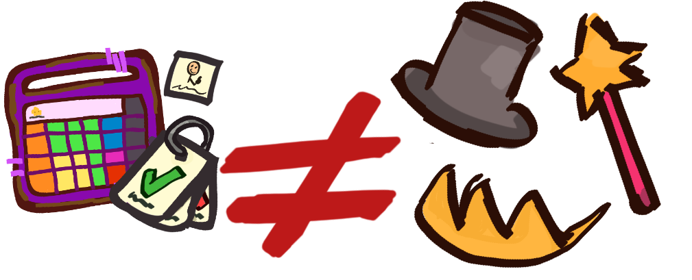 A purple AAC device, communication cards and a picture card next to a red not equal sign with a top hat, crown and pink star wand to the right